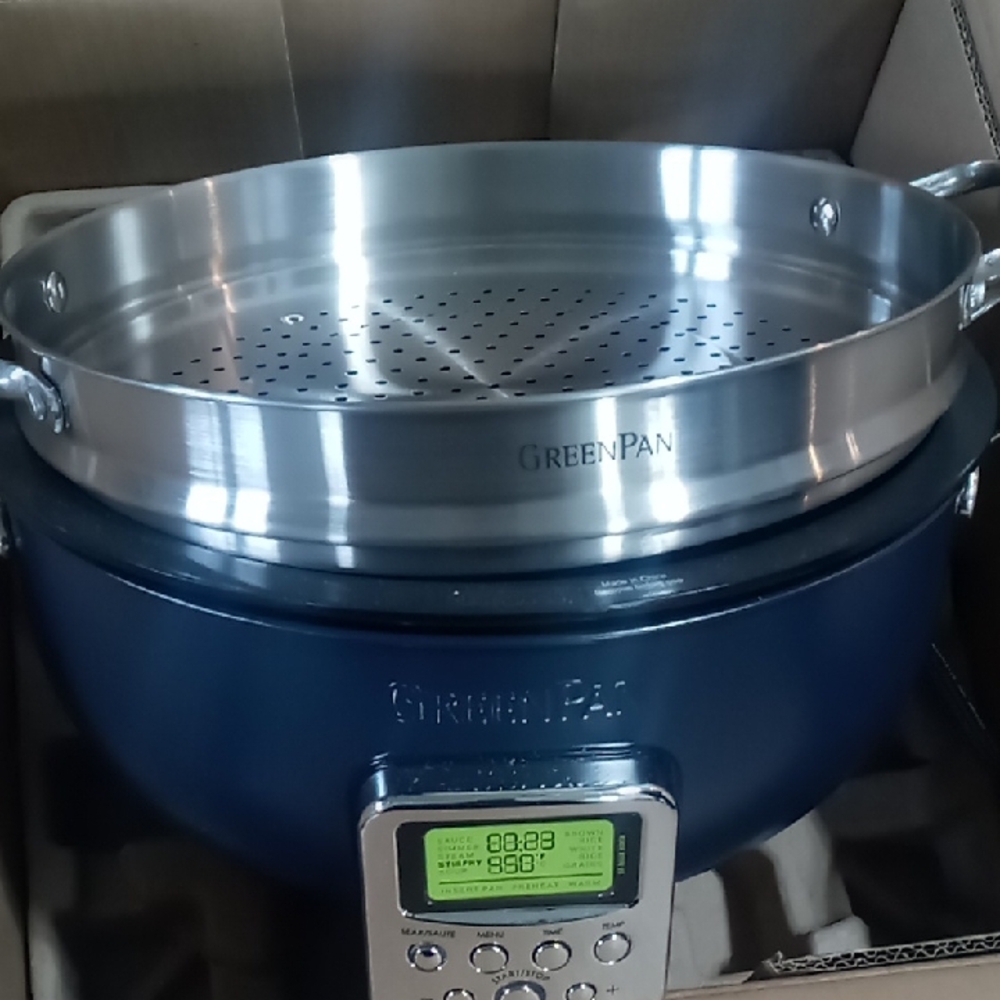 GreenPan Stainless Steel Steamer Insert with Navy Blue Cooker Base